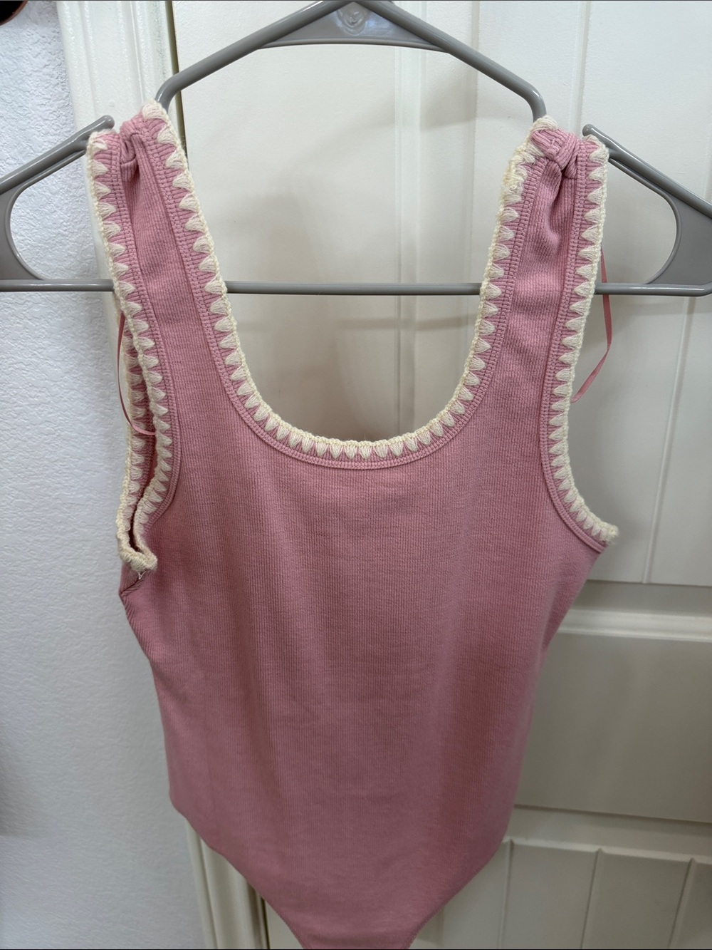 Le Lis Rose Tank Bodysuit with Cream Crochet Trim